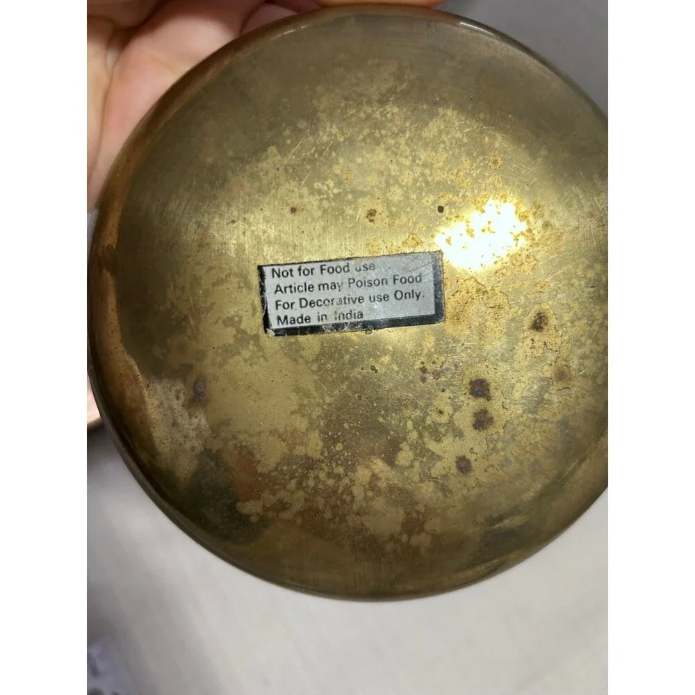 Vintage Brass Round Trinket Container Enamel Paint Flowers